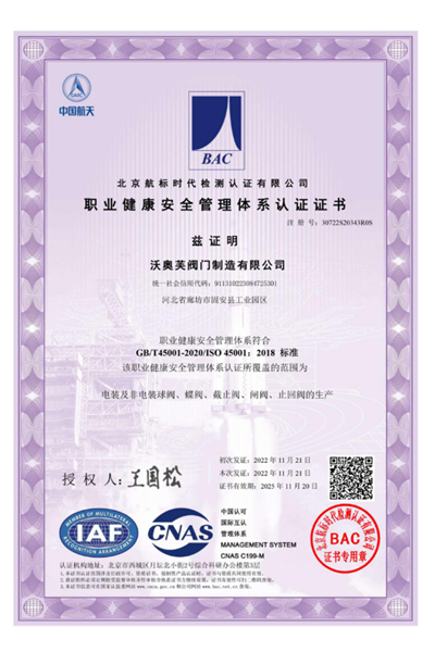 職業(yè)健康管理體系認證證書